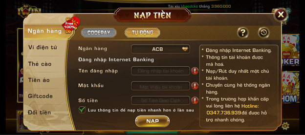 Nạp qua ngân hàng bằng CodePay tại iWin Club.